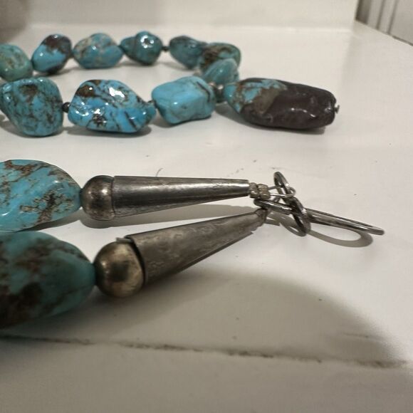 Vtg Native American Turquoise Boulder Nugget Necklace Sterling Silver W Heshi - Picture 3 of 10